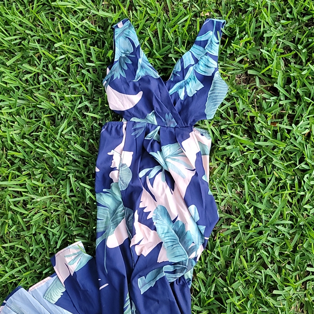 Vici Navy Blue Tropical Maxi Dress With Pink & Teal Leaf Print